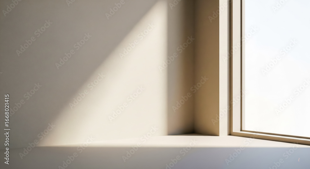 Poster clean empty space with bright light beam from window on beige wall, calm mood theme for serene backd
