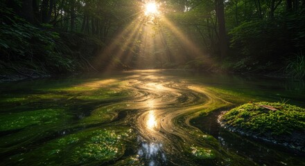 Naklejka premium Sunbeams Shining on an Algae-Covered River, Natural Forest Ecosystem and Serene Scenery