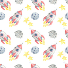 Watercolor clipart seamless pattern featuring rockets, stars, and moons, great for baby shower invitations, wrapping paper, textile prints, and playful kids product surface design.