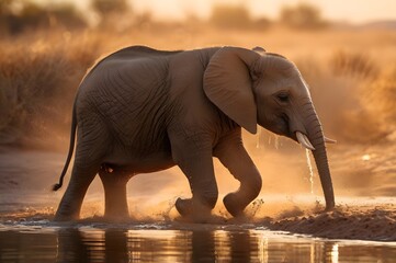 Majestic elephant walking through water in golden light at sunrise perfect for travel and conservation