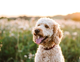 Fototapeta premium Fluffy dog in a field at sunset