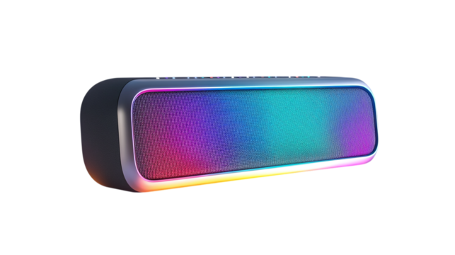 Contemporary Bluetooth speaker with LED lights isolated on transparent background 