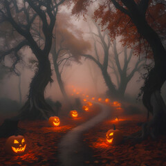 Halloween Jack-o'-Lanterns: Autumnal Forest Path Scene