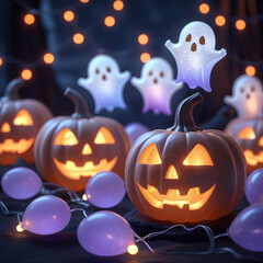 Eerie Halloween Scene: Jack-o'-Lanterns, Ghosts, and Festive Lights - Spooky Autumn Vibes
