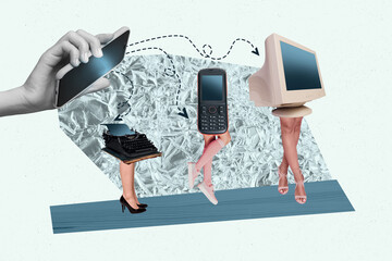 Exclusive magazine picture collage image of anonym human legs instead body pc monitor phone...