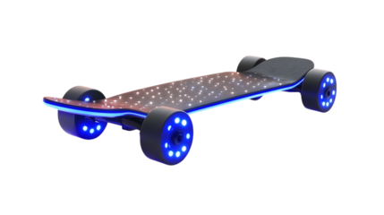 Modern electric skateboard with LED lights isolated on transparent background 