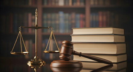 Justice concept showcasing a gavel, scales, and legal books in a classic library setting