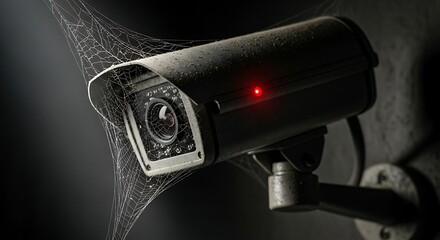 Creepy security camera with cobwebs and red light, symbolizing surveillance and mystery for thrilling content