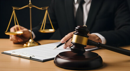 Justice and Law: Lawyer reviewing legal documents with gavel and scales of justice representing
