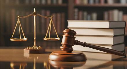Symbolic image of law and justice featuring a gavel, scales and legal books on a desk