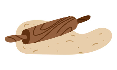 wooden rolling pin is used to roll out dough. Puff pastry dough, yeast dough for baking. Flat color illustration. Any dough-based dishes. Pizzas, pasta, croissants. Any dish made from thin dough
