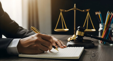 A lawyer diligently preparing a case, writing notes with scales of justice in the background