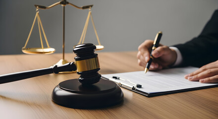 Close-up of courtroom scene with gavel, scales of justice and lawyer signing document