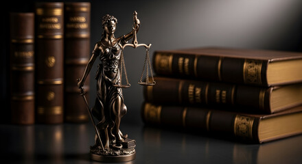 Statue of Justice and Legal Books Symbolizing Jurisprudence and Rule of Law