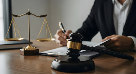 Lawyer meticulously reviewing legal documents with scales of justice and gavel