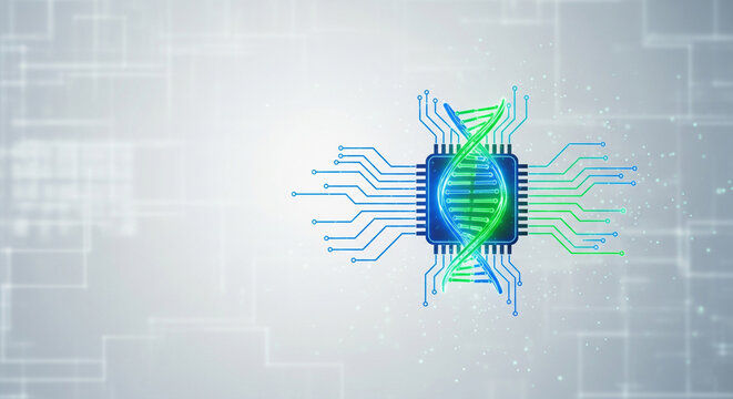 Image of a quantum computer represented by DNA and a microchip against a digital space background