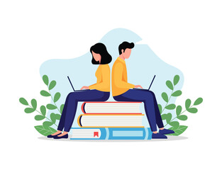 Teamwork makes the dream work with online learning and library resources today. Flat design vector illustration