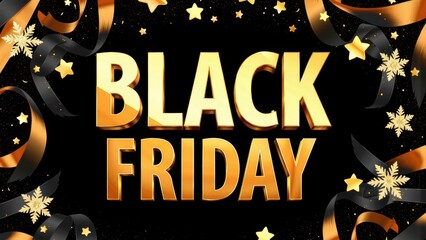 Fototapeta premium Golden black friday text with festive ribbons and stars on black background
