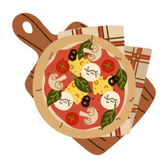 Ready round pizza with top, on a tray with a towel. Topping. Tomato paste, cheese, mushrooms, herbs, olives, spinach. Flat color illustration. Fast food, homemade pizza. Marketing for a pizzeria.