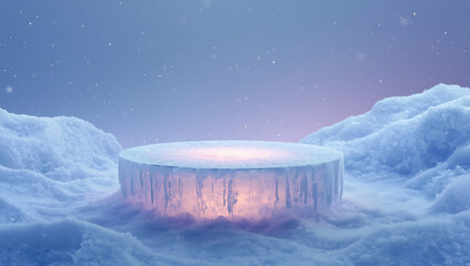 A translucent icy podium with frosted edges and delicate crystalline formations, glowing softly in a serene frozen environment. Subtle snow particles float in the air, surrounded by pale blue and purp