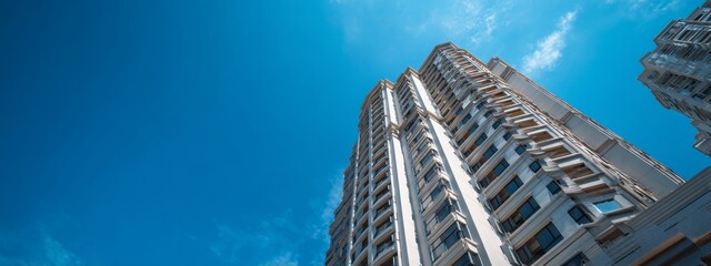 Low angle view of a high rise residential apartment block against a clear blue sky.