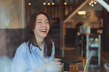 Cheerful Asian woman smiling and laughing while using laptop at modern cafe, representing freelance...