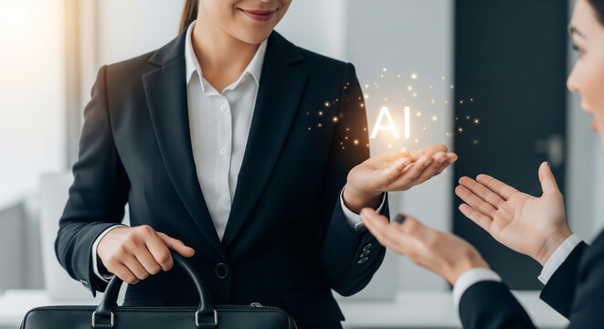 A smiling businesswoman proposing an AI-based solution in the office and a surprised person