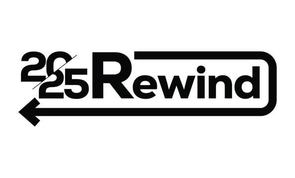 Minimalist black and white graphic design featuring "2025 Rewind" in bold sans-serif font, with rewind arrow, rectangular frame, and modern symmetrical layout.