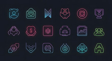 Vibrant neon icon set for modern app design, perfect for UI elements or website graphics, dynamic tech concept