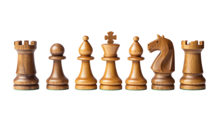 Retro wooden chess set with carved pieces isolated on transparent background