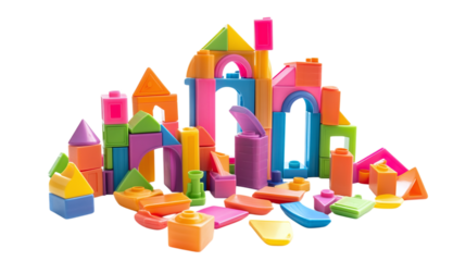 Set of colorful plastic building blocks isolated on transparent background 