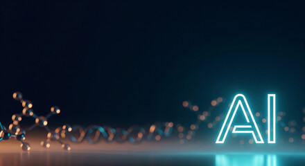 Cyber-themed AI text glowing blue against a molecular structure model on a black background