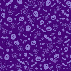 Halloween seamless pattern with pumpkins, cobwebs, candies, bats and ghosts