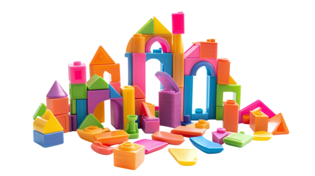 Set of colorful plastic building blocks isolated on transparent background  - Powered by Adobe