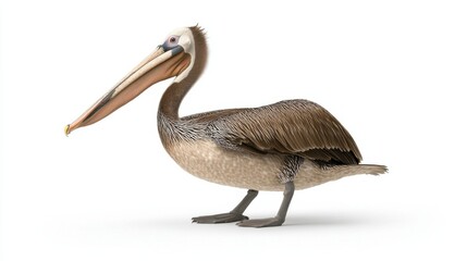 Obraz premium Detailed portrait of a brown pelican standing on a white background