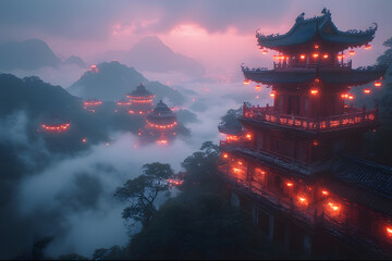 Obraz premium Fantasy asian architecture, illuminated temples in misty landscape