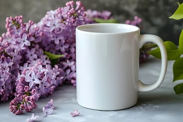 Mockup of white blank mug, cup with lilac flowers for merch, copy space for text, ceramic, 12oz, HD wallpaper banner