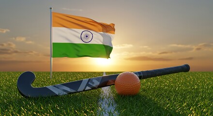 Experience the thrill of Indian field hockey with a vibrant sunset backdrop and national flag waving proudly