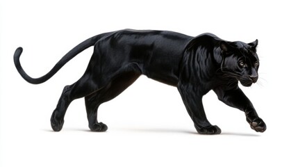 Obraz premium Graceful black panther stealthily walking on a white background
