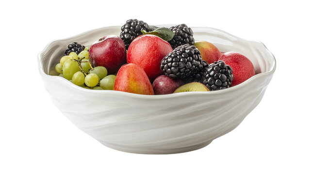 White ceramic bowl with fresh fruit isolated on transparent background