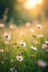 Fototapeta premium Gently Swaying Wildflowers in Soft Sunlight A Peaceful and Tender Meadow Scene