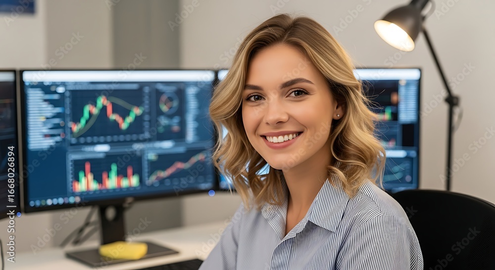 Poster smiling woman in office with multiple monitors displaying financial stock market charts and graphs