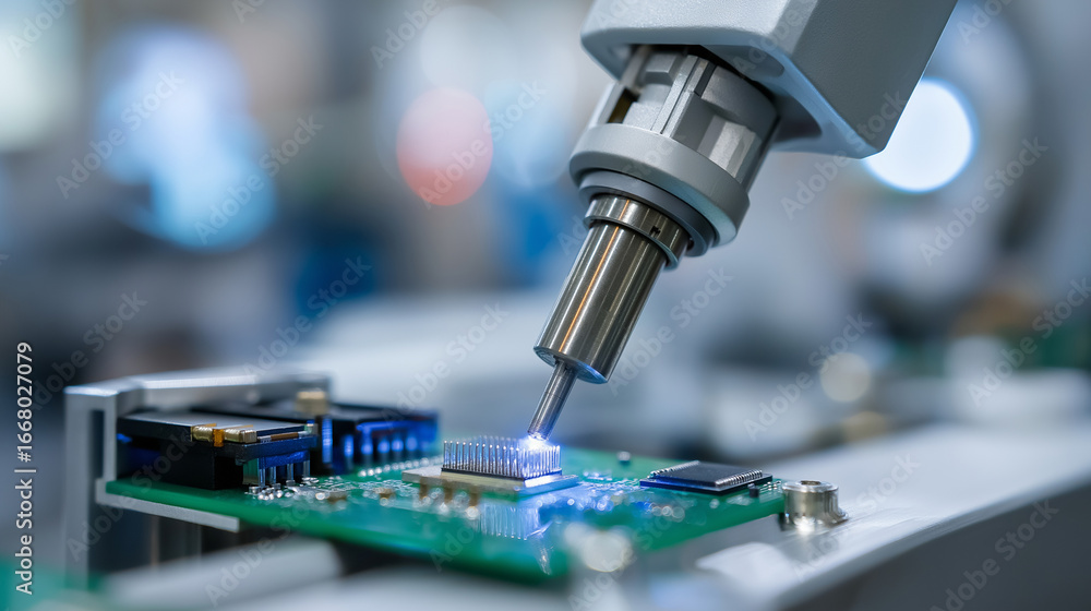Poster an automated chip assembly line is shown with robotic pick-and-place systems handling microscopic el