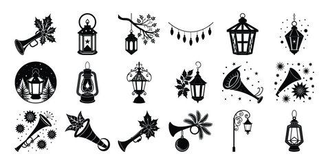 Collection of Hand Drawn Lanterns and Horns with Floral Accents in Black