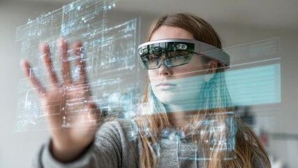 Student woman using virtual reality goggles and study on hologram 3D technology - Futuristic education, university and innovation concept - Model by AI generative - Powered by Adobe