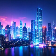 Fototapeta premium Futuristic City Skyline at Night, Vibrant Neon Lights, Modern Architecture.