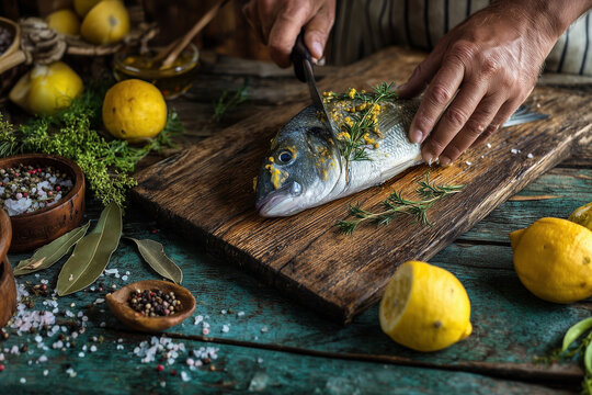 Man cutting fresh fish on wooden board with spices