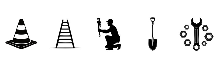Construction worker tools and supplies set, including traffic cone, ladder, wrench, shovel, and safety gear icons.