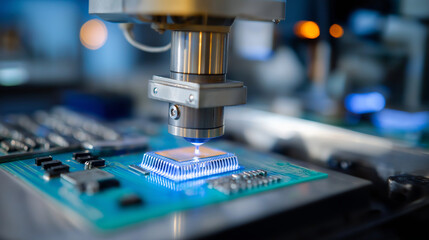 A semiconductor packaging facility shows the final assembly of integrated circuits. A wire bonding machine makes microscopic connections, and an encapsulation system protects the 