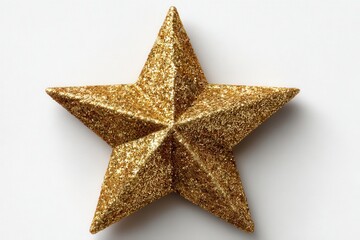 Obraz premium A single golden glittery star decoration casting a shadow on a clean white surface background